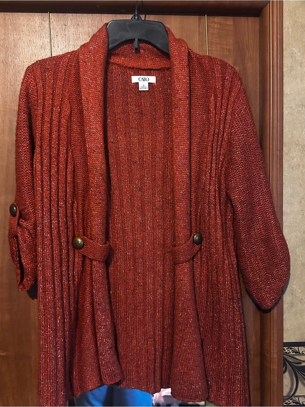 Cato Burnt Orange Open-Front Ribbed Cardigan with Button-Tab Sleeves